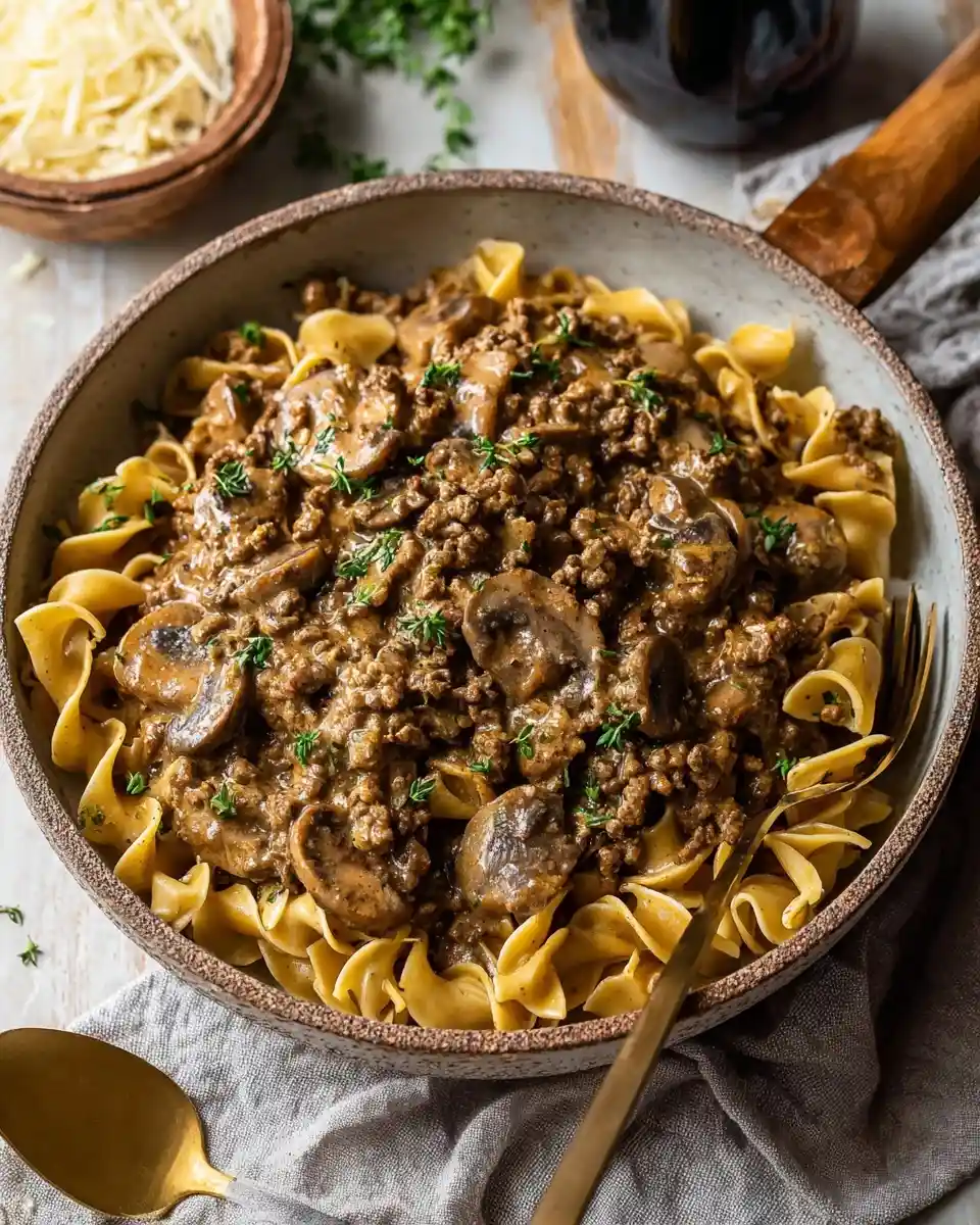 A skillet filled with creamy ground beef stroganoff over wide egg noodles, garnished with fresh thyme.