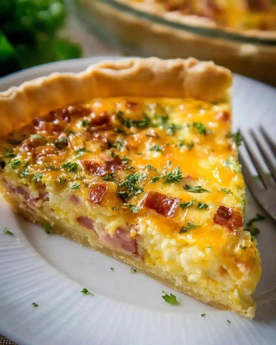 Delicious Ham and Cheese Quiche served on a plate with fresh herbs