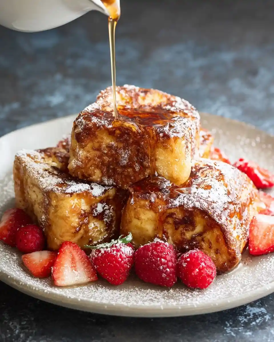 Syrup pouring over {{ $('Fetch Recipe Data').first().json["Main Keyword"] }} with powdered sugar and berries.