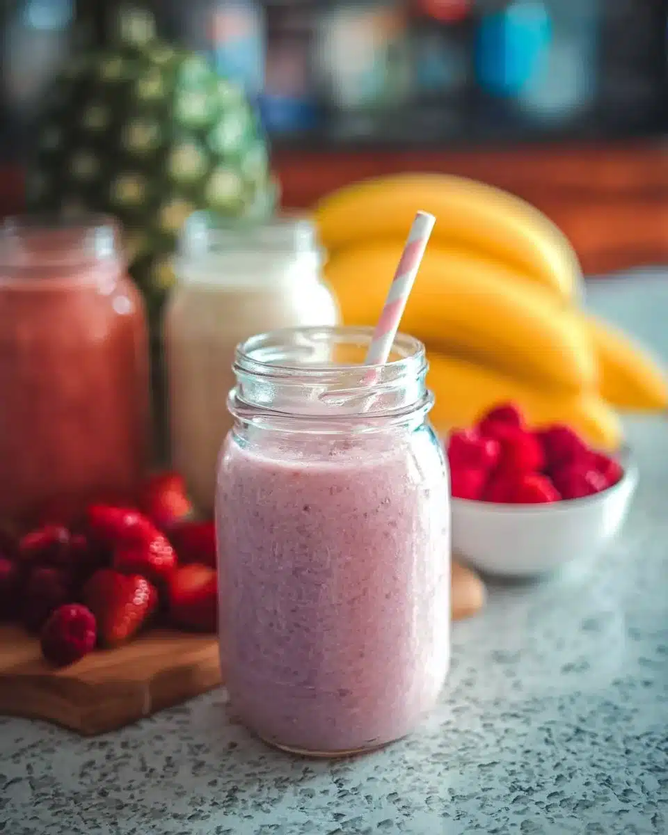 Colorful and healthy breakfast smoothies in glasses on a kitchen countertop
