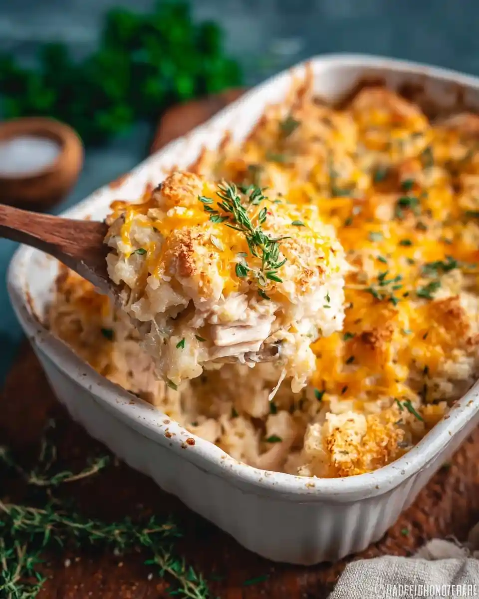 A wooden spoon serves a cheesy {{ $('Fetch Recipe Data').first().json["Main Keyword"] }} topped with thyme.