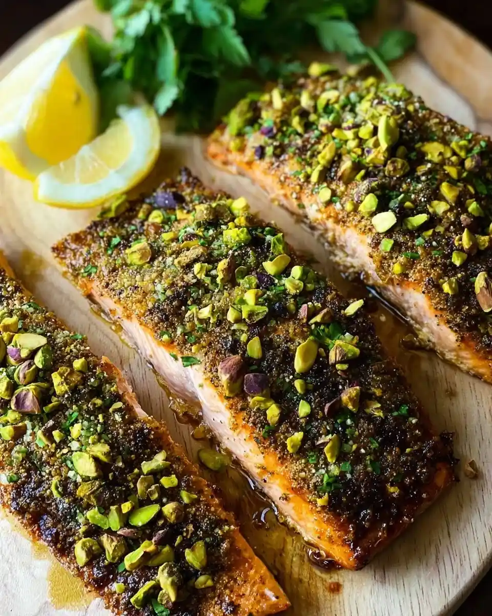 Three perfectly baked pistachio crusted salmon fillets on a wooden board, garnished with fresh parsley and lemon wedges.