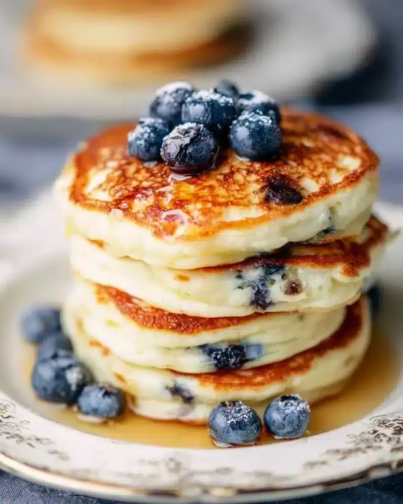 Healthy Greek yogurt blueberry pancakes stacked on a plate