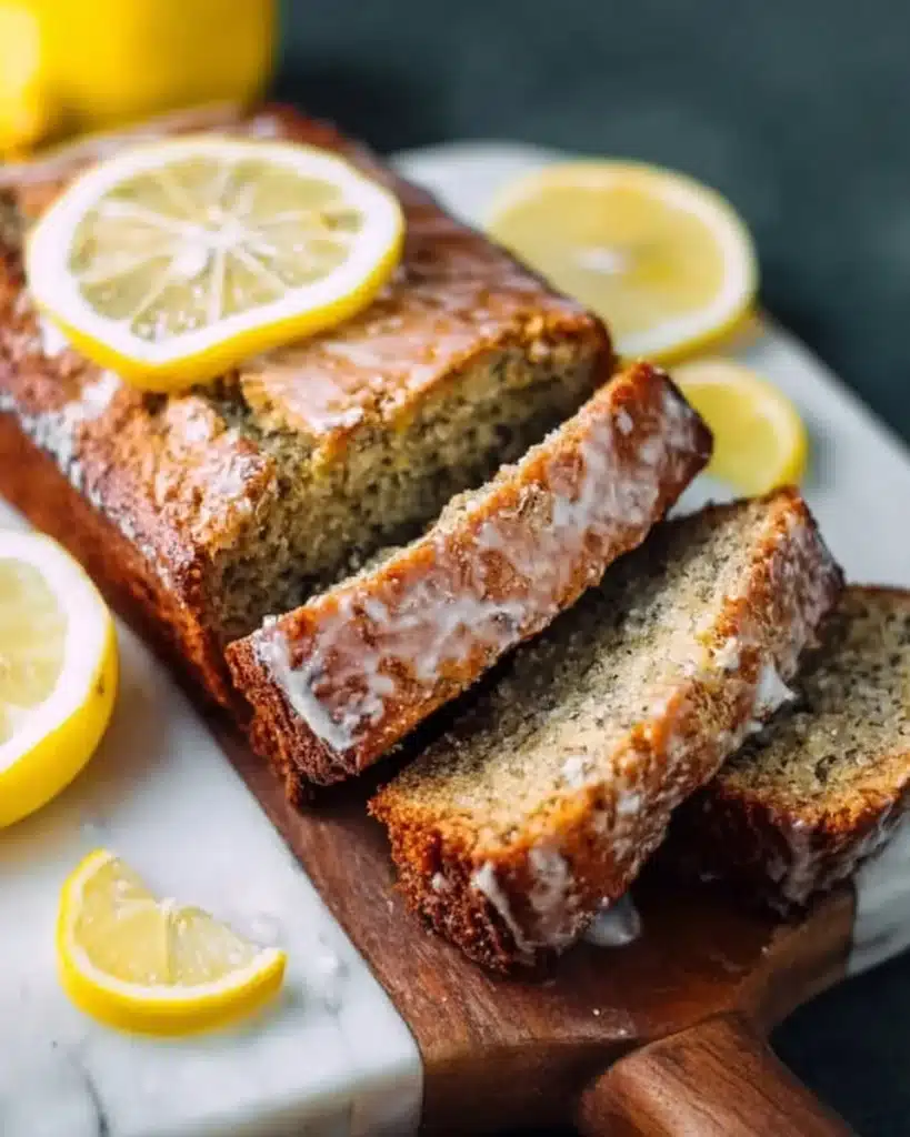 Slice of healthy lemon banana bread on a wooden table