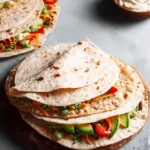 Stack of folded veggie wraps filled with avocado, carrots, and greens on a wooden serving board.