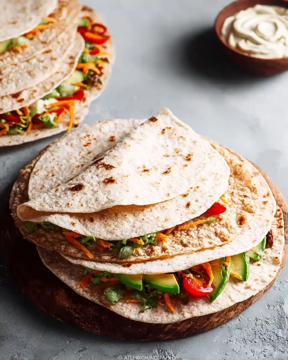 Stack of folded veggie wraps filled with avocado, carrots, and greens on a wooden serving board.