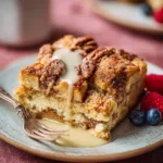 A sweet slice of pecan french toast casserole drizzled with icing on a plate with a fork and berries.