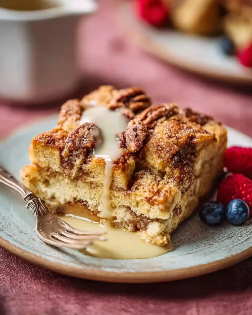 A sweet slice of pecan french toast casserole drizzled with icing on a plate with a fork and berries.