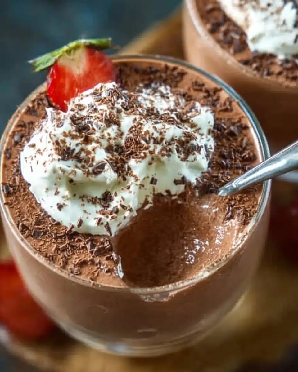 High protein chocolate mousse served in a glass, topped with whipped cream and cocoa powder