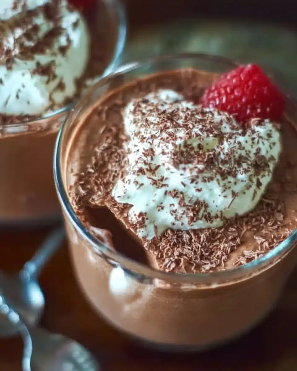 High protein chocolate mousse dessert in a glass with a spoon