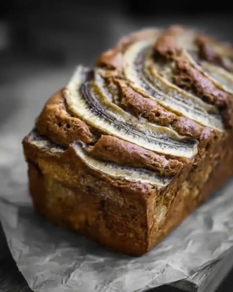 Loaf of high protein cottage cheese banana bread with slices on a cutting board.