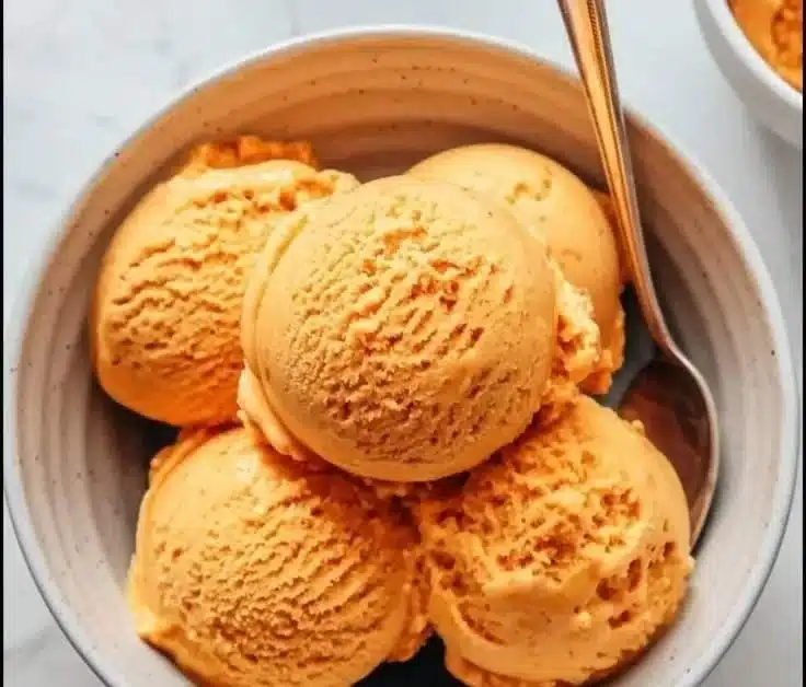 Delicious homemade carrot ice cream topped with fresh herbs in a bowl.