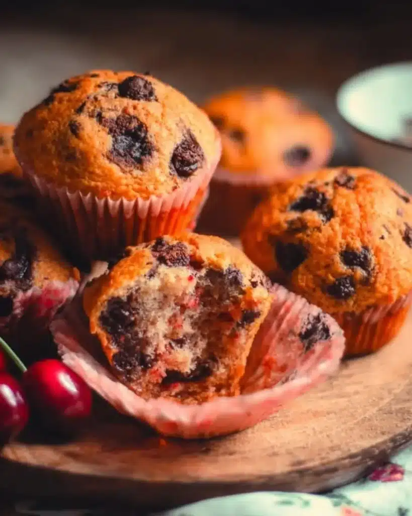 Delicious homemade cherry chocolate chip muffins with vibrant cherries and chocolate chips.
