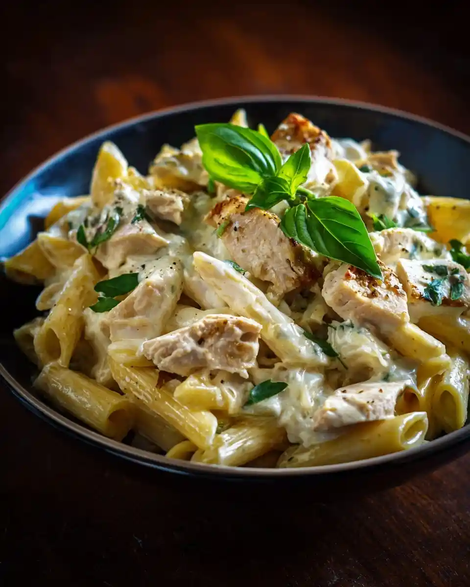 A close-up view of {{ $('Fetch Recipe Data').first().json["Main Keyword"] }} garnished with fresh basil leaves.