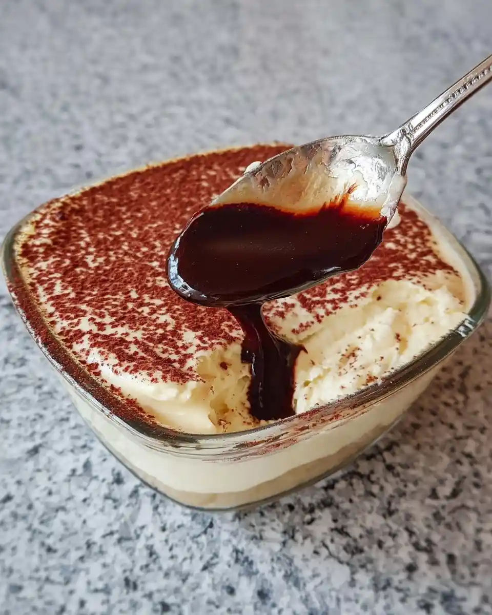 A spoon pouring chocolate syrup over a creamy {{ $('Fetch Recipe Data').first().json["Main Keyword"] }} dusted with cocoa.