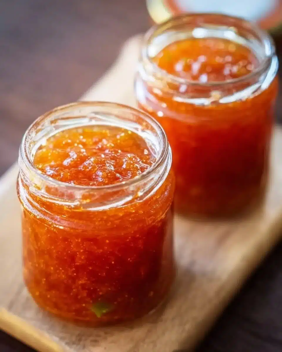 Homemade jalapeno peach jam in a glass jar with fresh peaches and jalapenos