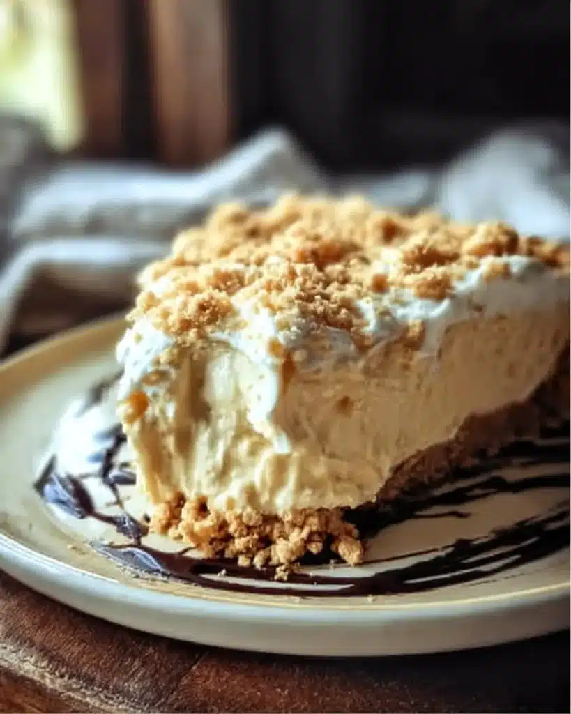 Delicious homemade peanut butter cream pie topped with whipped cream and chocolate drizzle