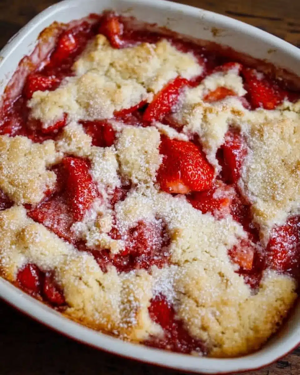 Homemade strawberry cobbler topped with fresh strawberries and golden crust