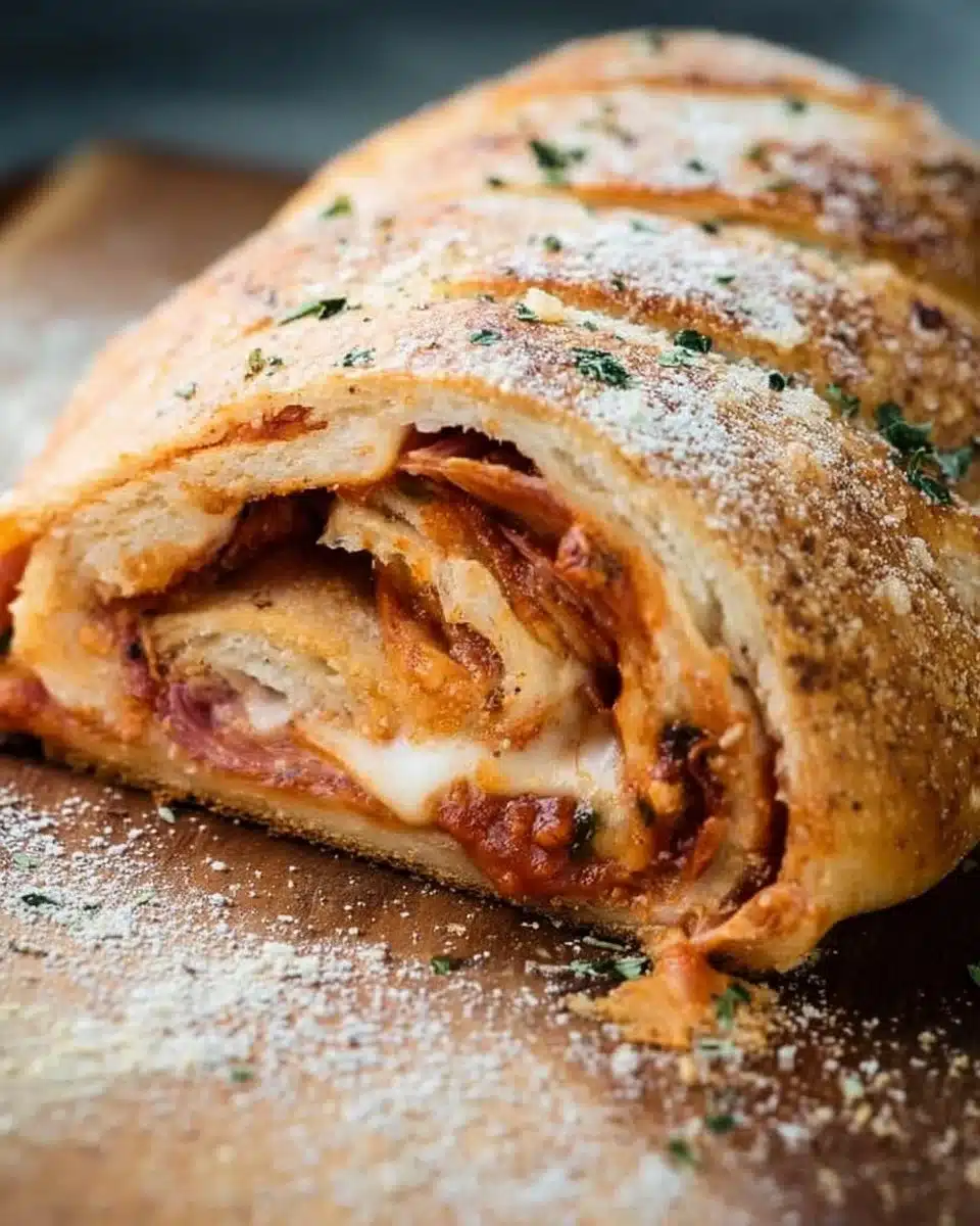 Homemade stromboli filled with cheese and pepperoni on a wooden table.