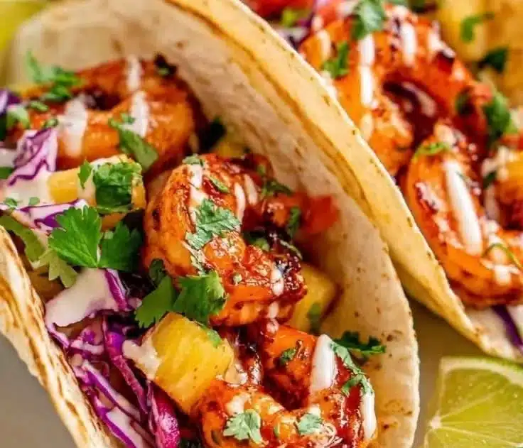 Delicious honey chipotle shrimp tacos served with fresh toppings