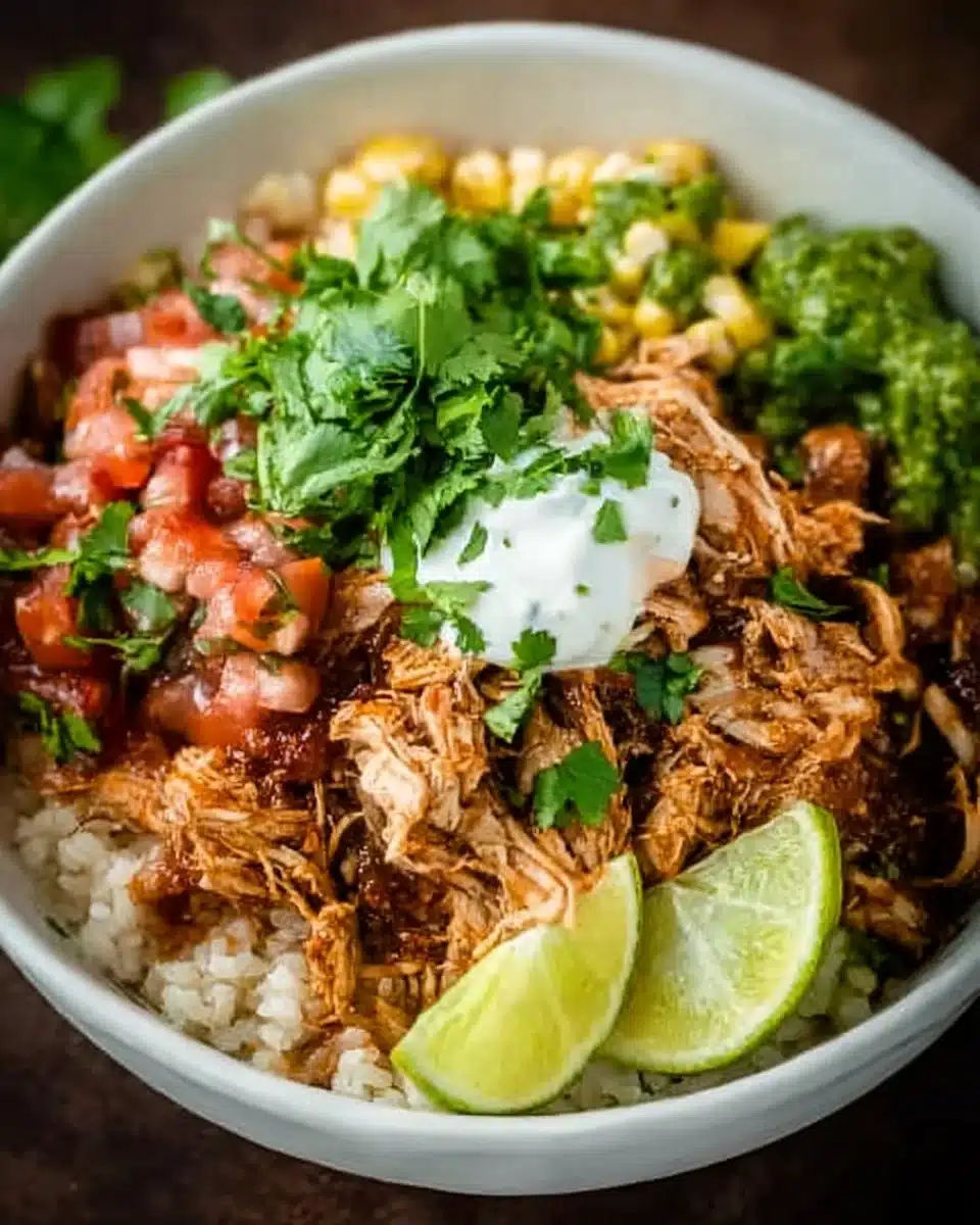 Instant Pot chicken taco bowls served with fresh toppings and garnishes.