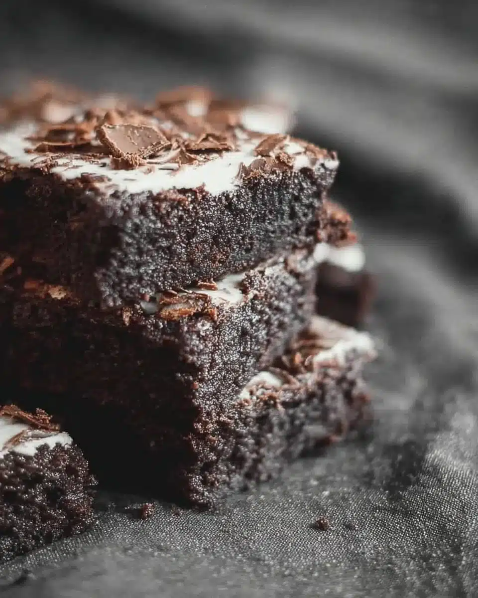 Delicious Irish Cream Brownies topped with creamy frosting and chocolate.