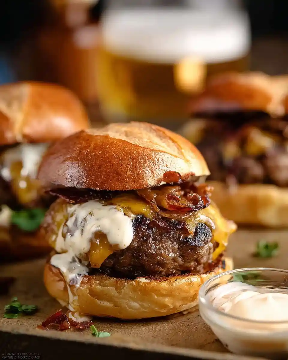 A juicy pretzel bun burger with melted cheese, caramelized onions, bacon, and dripping white sauce on a wooden board.