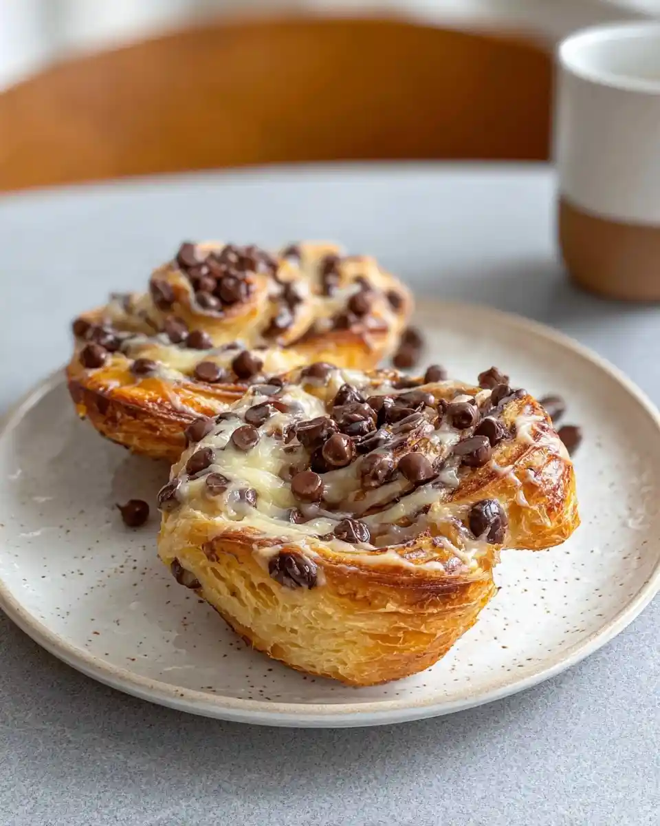 Two flaky chocolate chip pastries drizzled with sweet glaze on a speckled ceramic plate.