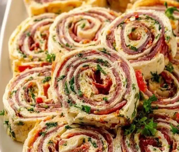 Italian pinwheel sandwiches rolled with savory ingredients and served as appetizers.