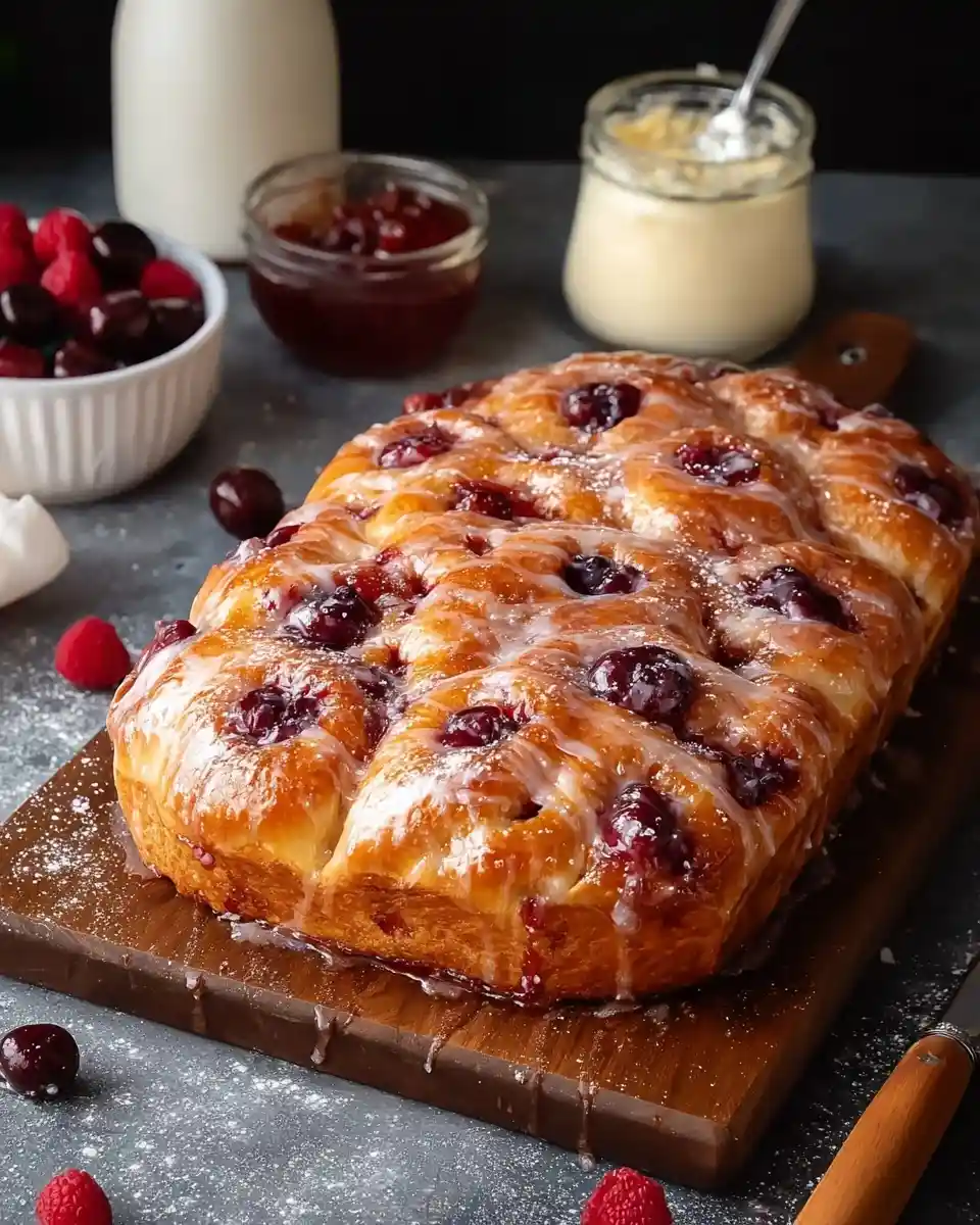 Freshly baked {{ $('Fetch Recipe Data').first().json["Main Keyword"] }} topped with sweet white icing on a wooden board.