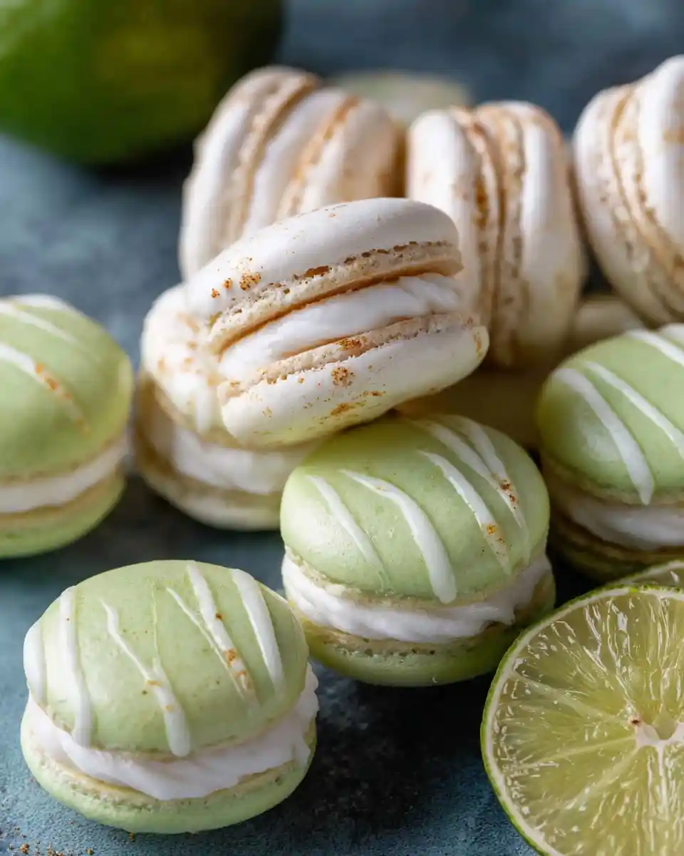 Close up of light green and white key lime macarons with white drizzle and creamy filling next to fresh lime slices.