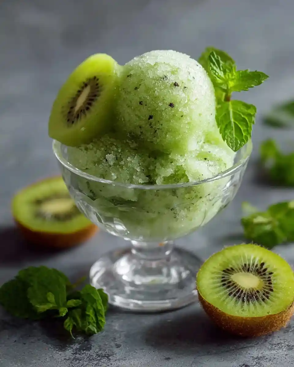 Scoops of bright green kiwi sorbet in a glass bowl, garnished with fresh kiwi slices and a sprig of mint.