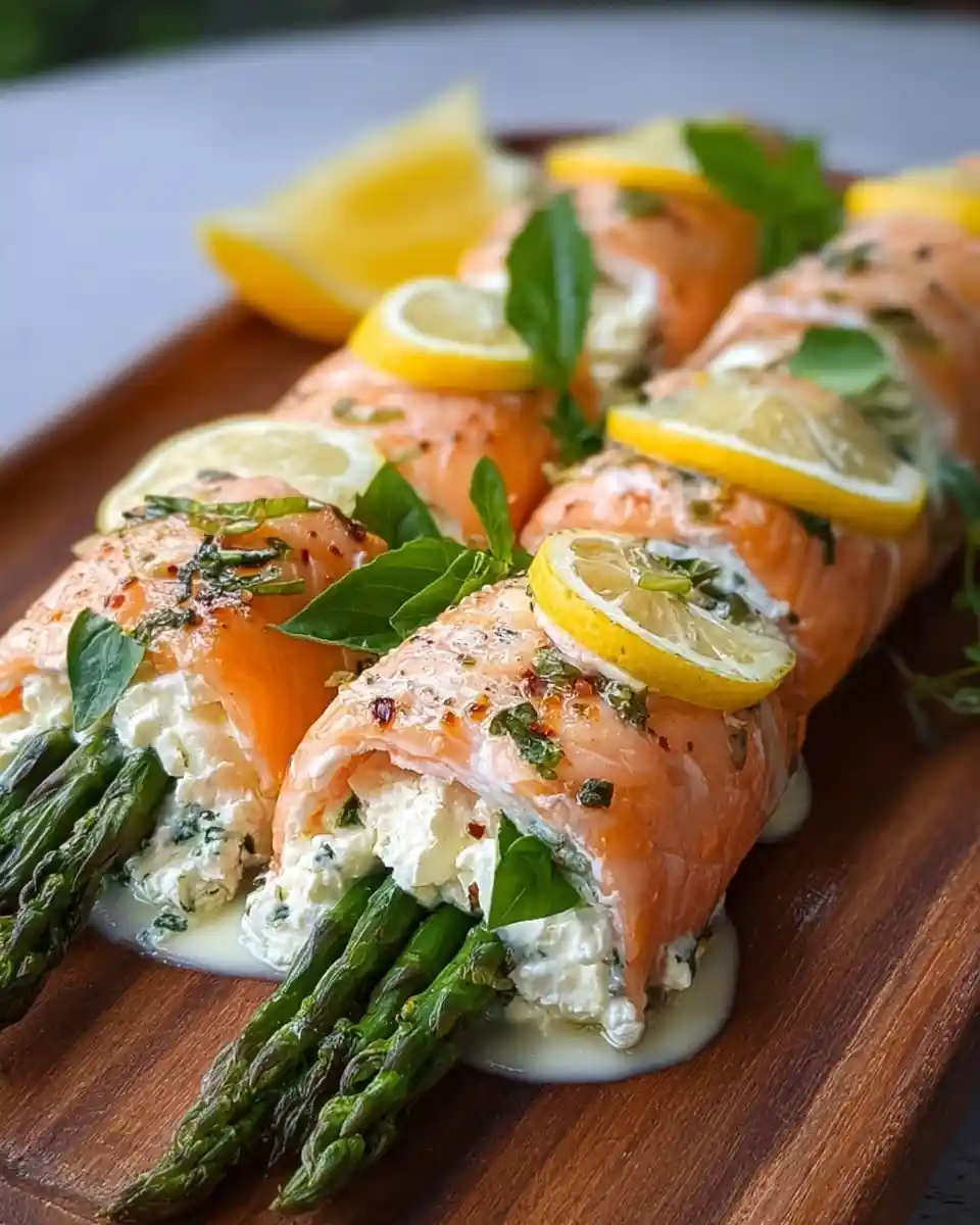 Close-up of {{ $('Fetch Recipe Data').first().json["Main Keyword"] }} with cream cheese, asparagus, lemon, and fresh herbs.