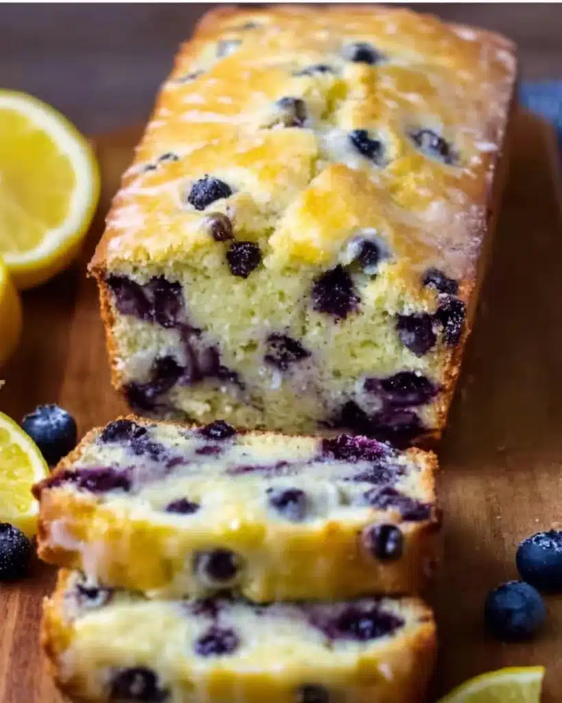 Freshly baked Lemon Blueberry Loaf with vibrant lemon and blueberry toppings