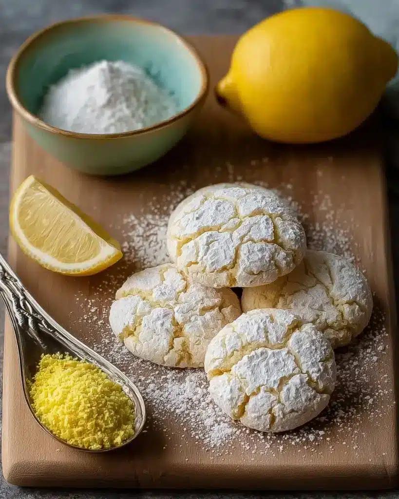 Plate of soft and tangy lemon crinkle cookies dusted with powdered sugar.
