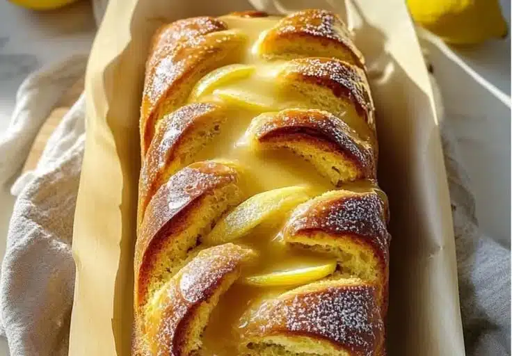 Lemon Honey Snack Loaf on a wooden table, garnished with lemon slices