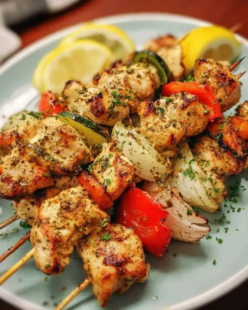 Lemon Pepper Chicken Skewers cooked on a grill, garnished with herbs