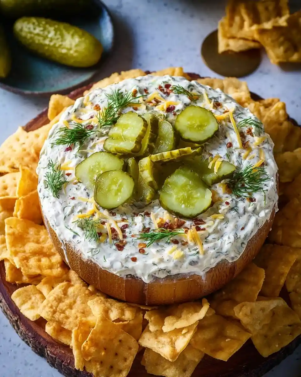 A wooden bowl filled with creamy dill pickle dip topped with pickles and dill, surrounded by crackers.