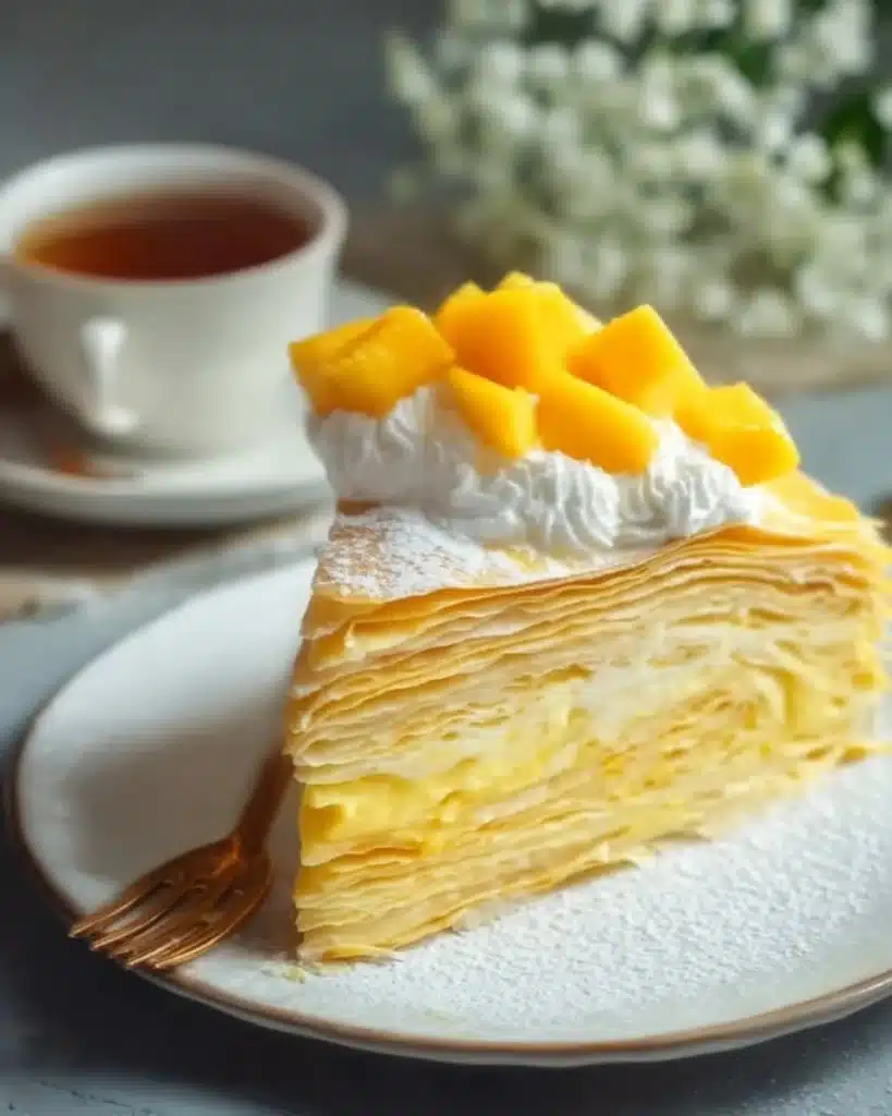 Delicious Mango Crepe Cake layered with fresh mango and creamy filling