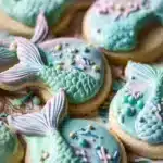 Colorful mermaid birthday cookies decorated with ocean-themed designs.