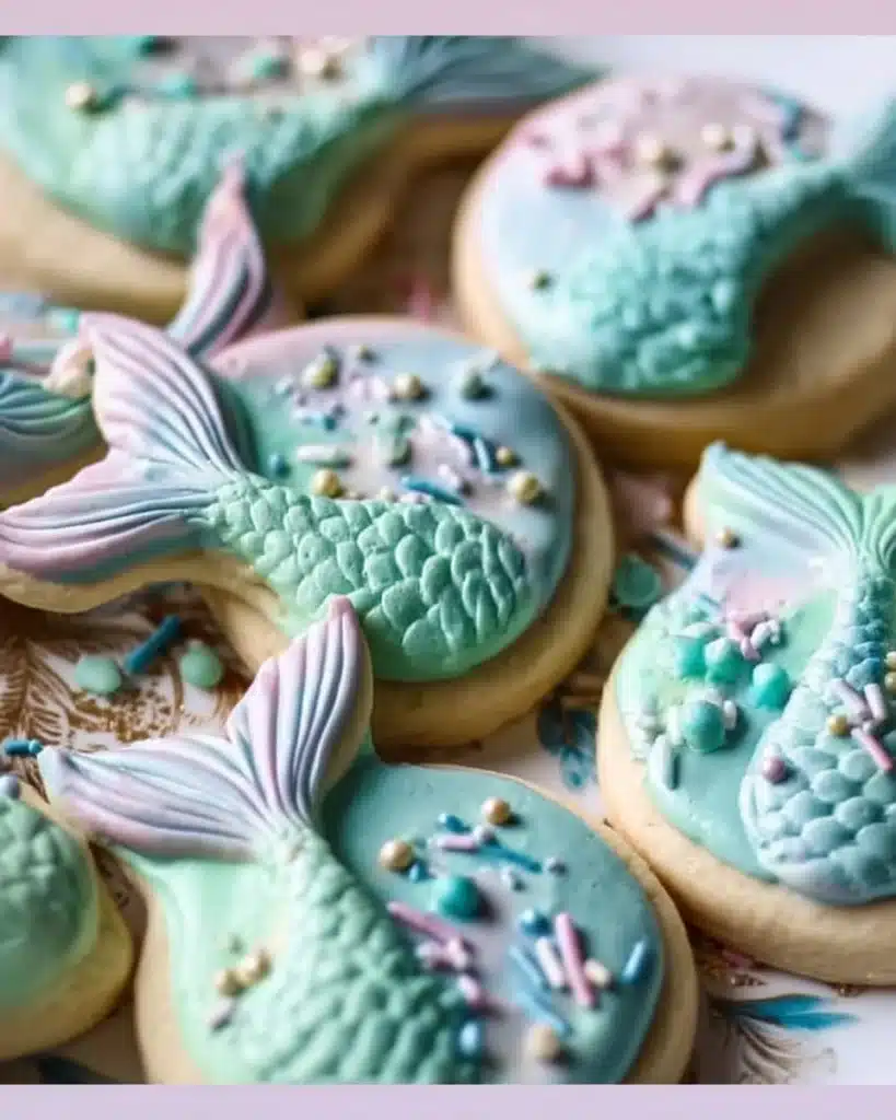 Colorful mermaid birthday cookies decorated with ocean-themed designs.