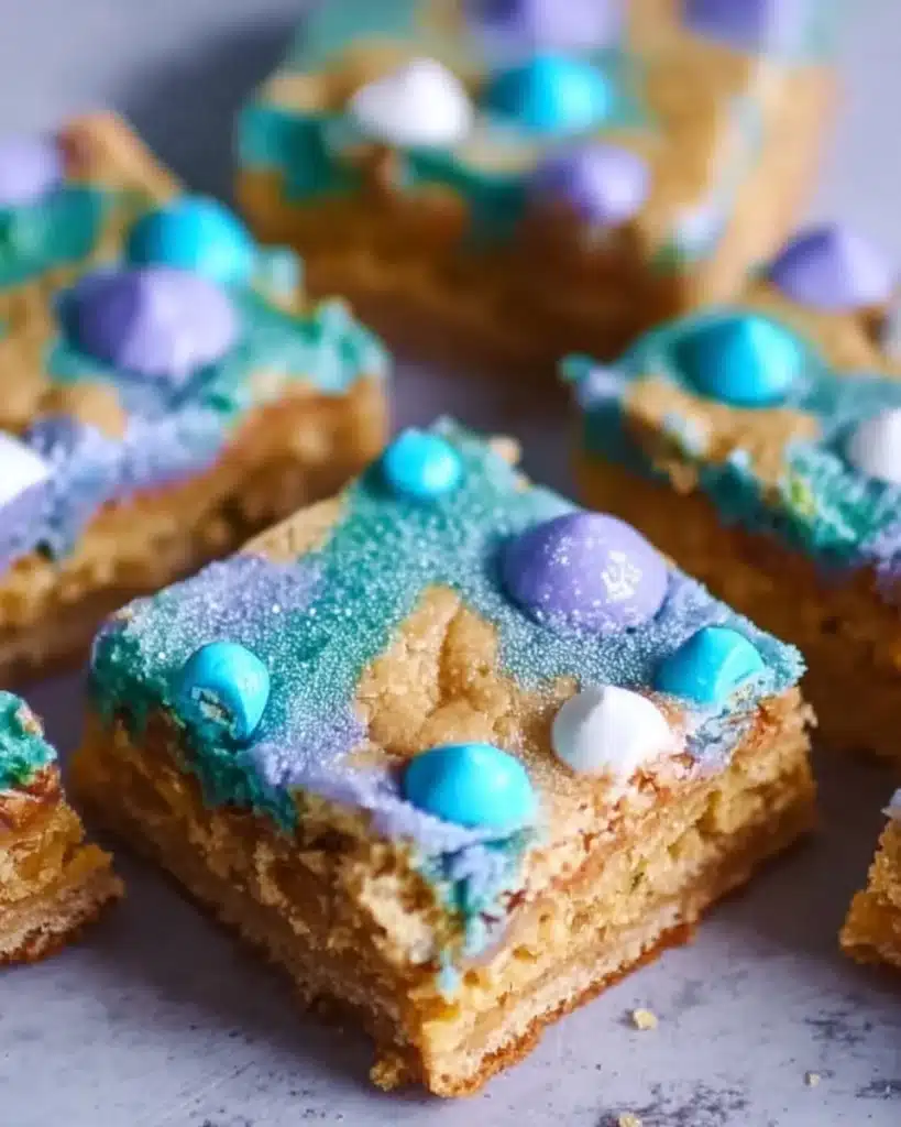 Colorful Mermaid Cookie Bars with ocean-themed toppings and a chewy texture.