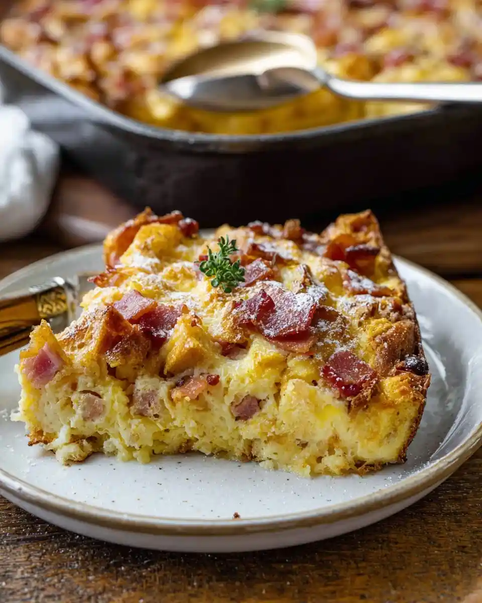 A slice of {{ $('Fetch Recipe Data').first().json["Main Keyword"] }} topped with powdered sugar and fresh thyme.