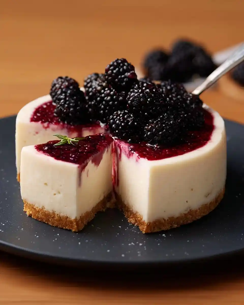 Sliced mini blackberry cheesecake topped with berry compote and fresh blackberries on a dark plate.