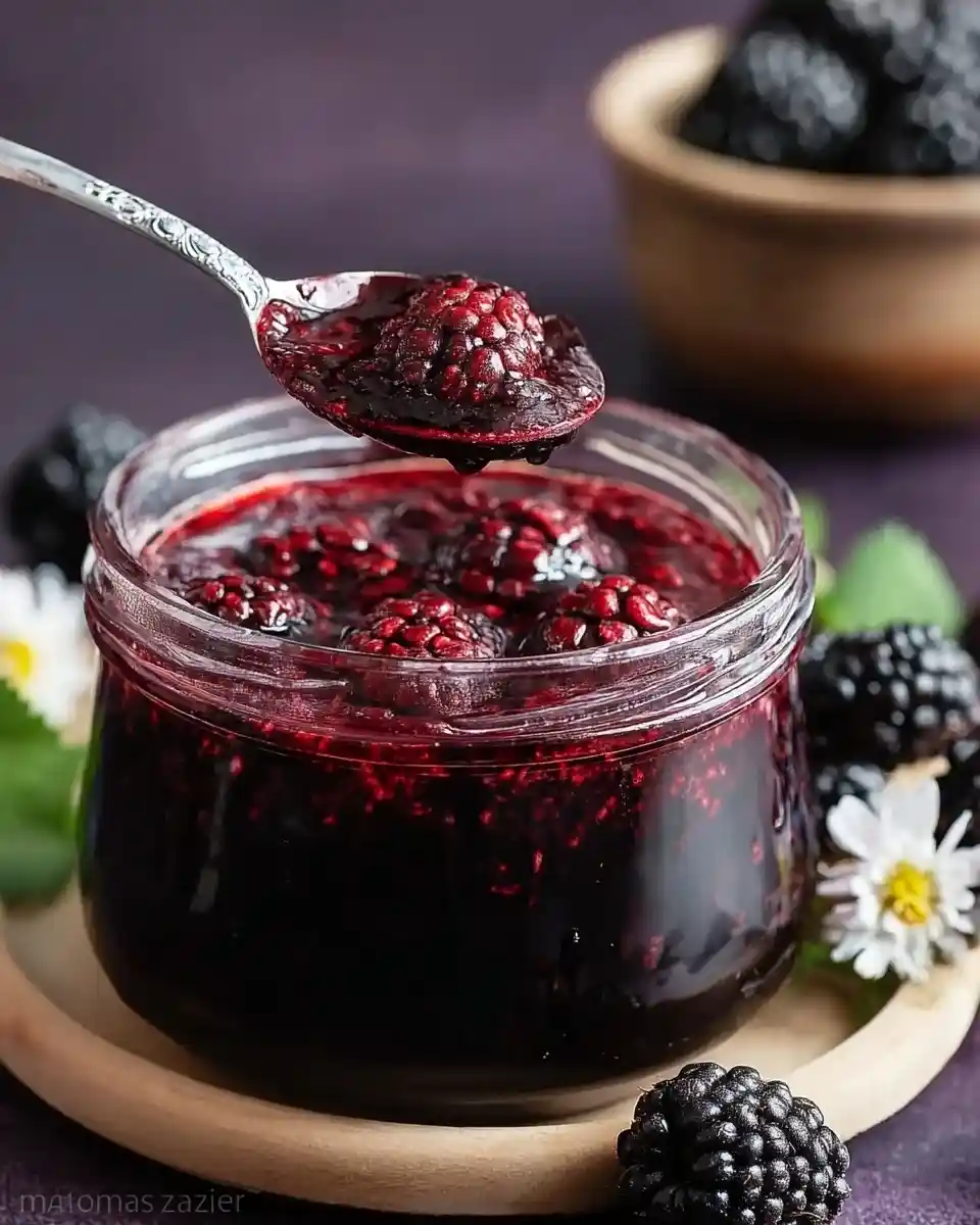 A spoon lifting sweet, chunky blackberry jam from a glass jar surrounded by fresh berries.