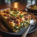 Delicious homemade spinach and mushroom lasagna layered with cheese and fresh herbs on a dark plate.