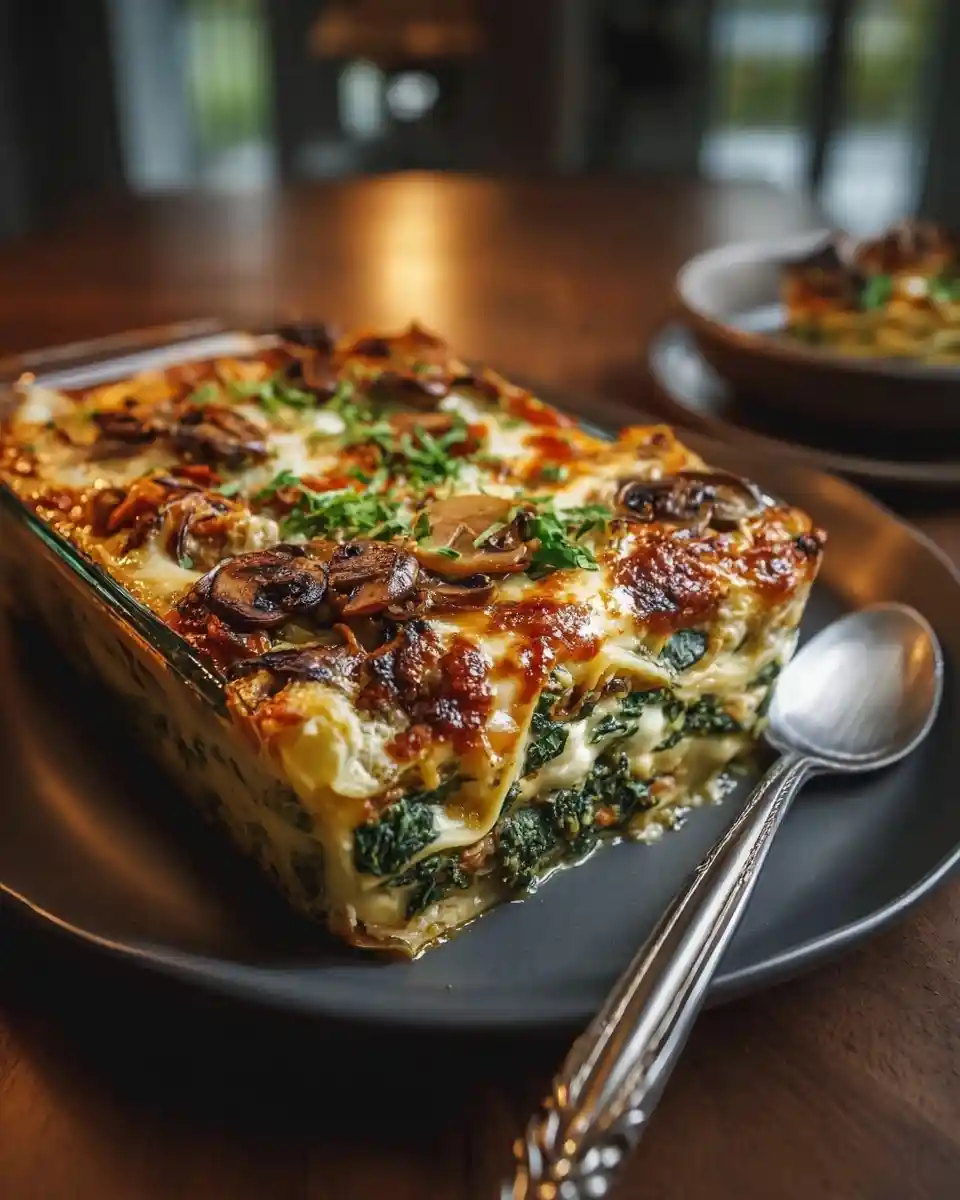 Delicious homemade spinach and mushroom lasagna layered with cheese and fresh herbs on a dark plate.
