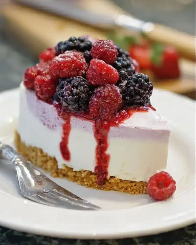 No bake berry cheesecake topped with fresh assorted berries
