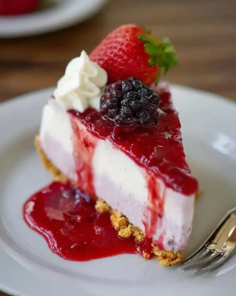 Delicious no-bake berry cheesecake topped with fresh berries