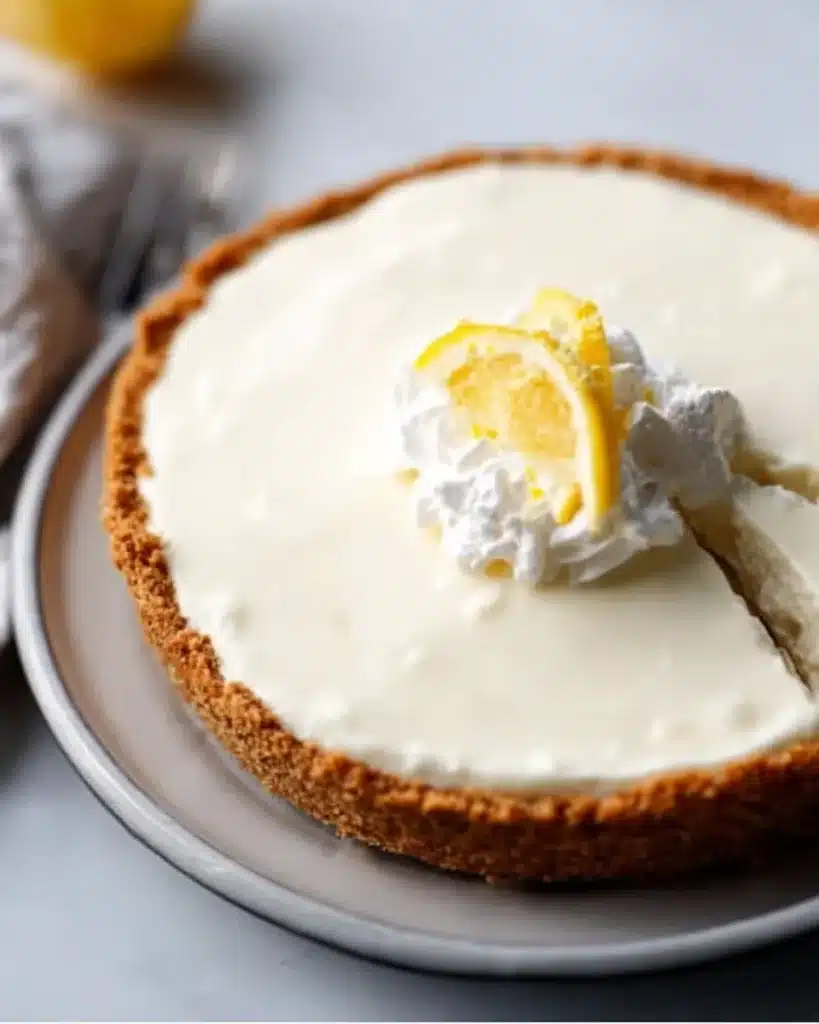 Sliced no-bake lemon icebox pie on a plate garnished with lemon zest